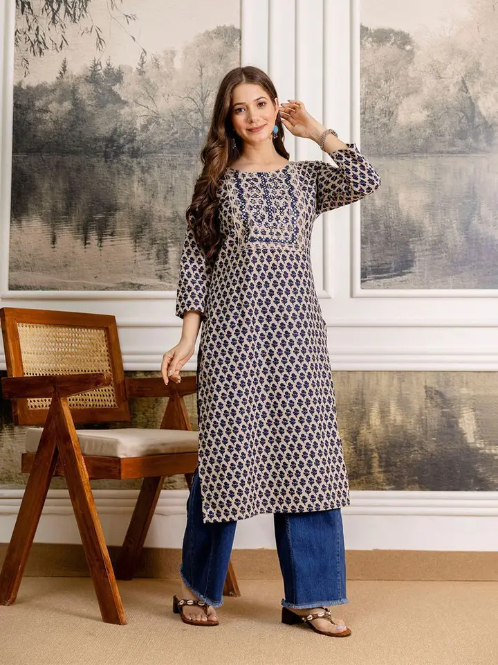 Pjyot by surhi Women Floral Printed Screen Print Daily Pure Cotton Straight Kurta, Beige