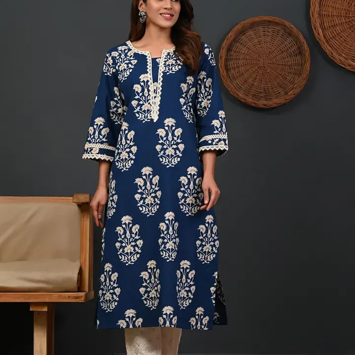 Rimeline Ethnic Motifs Printed Round Neck Zari Straight Pure Cotton Kurta, Blue