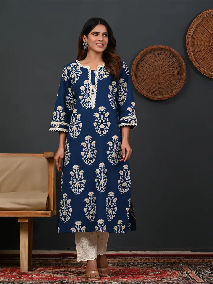 Rimeline Ethnic Motifs Printed Round Neck Zari Straight Pure Cotton Kurta, Blue
