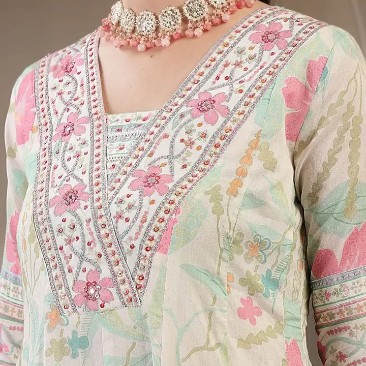 KIMAYRA Women Floral Printed Thread Work Pure Cotton Kurta with Trousers & Dupatta, Off White