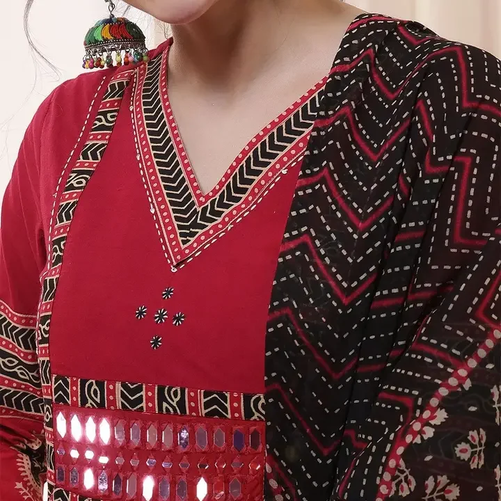 KIMAYRA Ethnic Motifs Printed V-Neck Mirror Work A-Line Kurta With Palazzos & Dupatta, Red