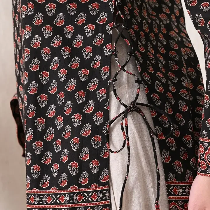 KALAMIR Print Bell Sleeve Ethnic Cotton Top, Black