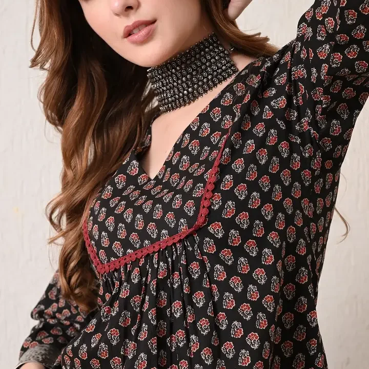 KALAMIR Print Flared Sleeve Ethnic Cotton Top, Black