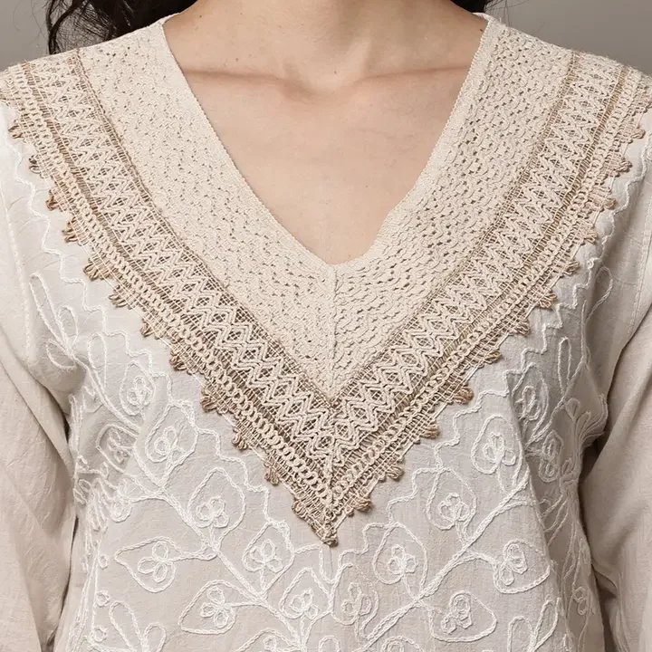 ZHOF Embellished Embroidered Bohemian Cotton Top, Off White