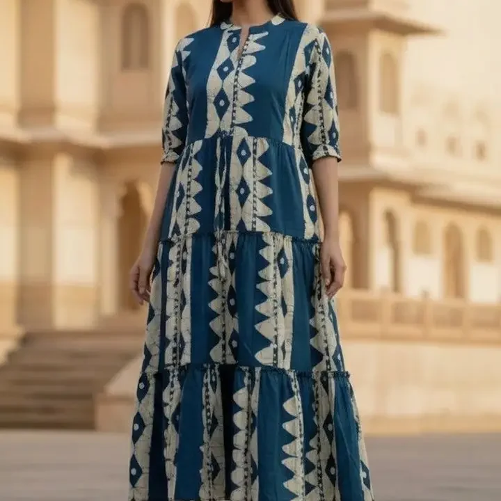 SATITHA Women Floral Printed Block Print Anarkali Kurta, Blue