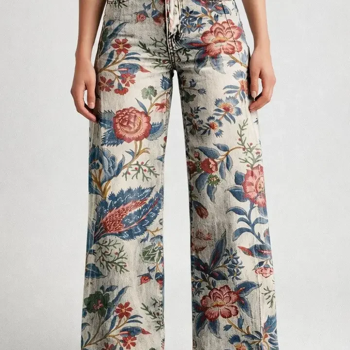 Suo Women Floral Printed Lean Bootcut High-Rise Trousers, White