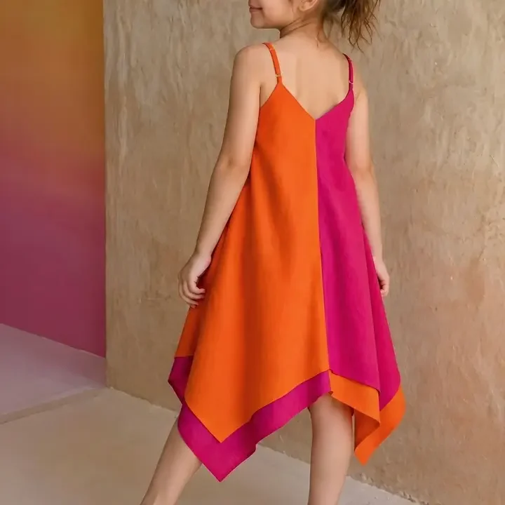 KidsFlower Girls Colorblock, Spaghetti Strap, V-Neck A-Line Dresses, Orange
