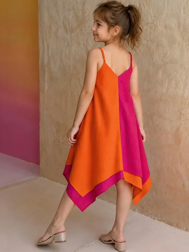 KidsFlower Girls Colorblock, Spaghetti Strap, V-Neck A-Line Dresses, Orange